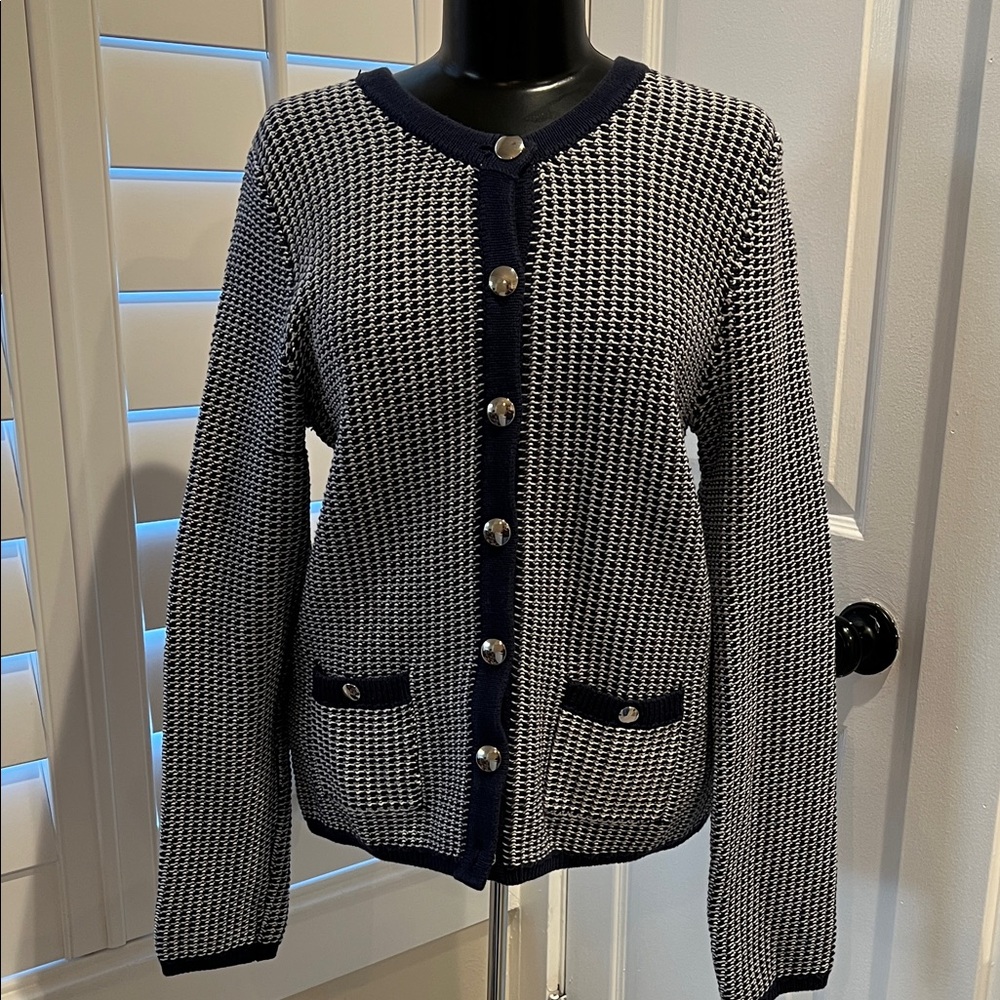 BR Classic Navy and White Knit Cardigan Sweater